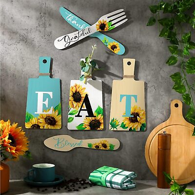 #ad Bucherry Set of 6 Sunflower Kitchen Decor Sets Eat Signs Fork and Spoon Wooden K $30.59