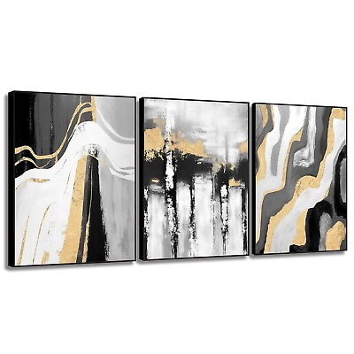 #ad Living Room Abstract Wall Art Black and White Decor Matte Gray With Gold Can... $74.08