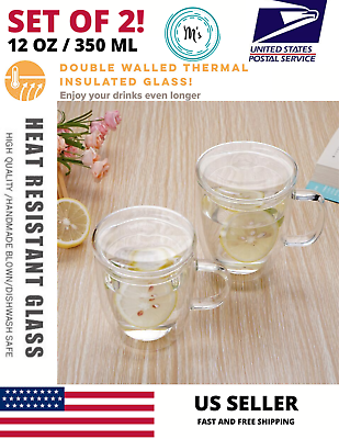 Best Professional Double Wall Coffee Glass Tea Mug Cup Glass 12oz Set of 2 US H $19.99