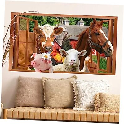 #ad Farm Animals Wall Stickers 3D Fake Window Animal Wall Decals Peel and Brown Red $25.93