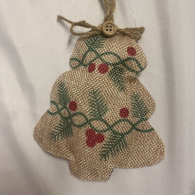 #ad Rustic Country Style Plush Burlap Christmas Tree Shaped Ornament w Wood Jute $3.95