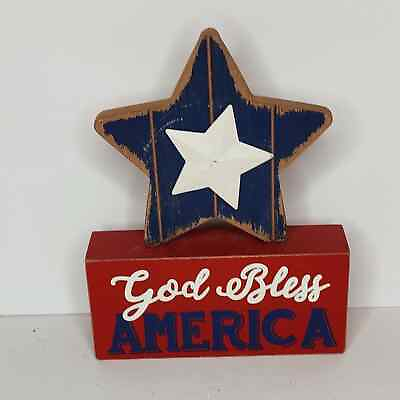 #ad Rustic Americana Blue Wooden Star Tabletop Decor God Bless America $18.99