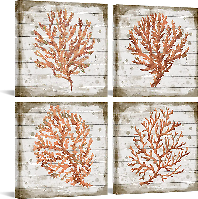 #ad Orange Coral Canvas Set of 4 Ready to Hang Ocean Beach Wall Art for Bedroom Bath $85.99