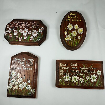 #ad #ad Set Of 4 Vintage Wooden Hanging Wall Decor W Hand Painted Flowers and quotes $19.50