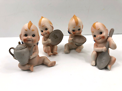 #ad Kewpie Bisque Angel Figurine Coffee Pot Plate Cup Spoon Set of 4 Vintage Statues $38.95