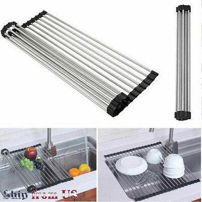 #ad Large Kitchen Over Sink Drying Rack Dish Food Drainer Stainless Steel Roll Up $7.59