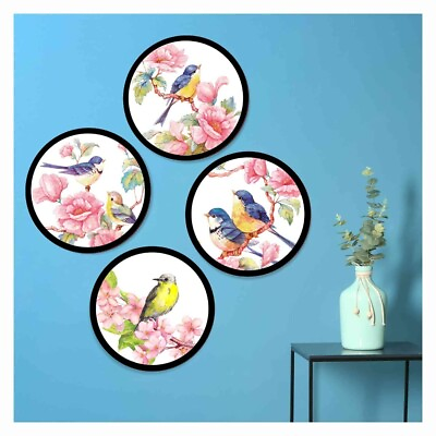 #ad Set of 4 round frames decoration Home Decor painting Sparrows Nature $89.95