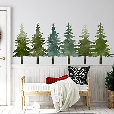 #ad Wall Stickers Large Tree Wall Decals Peel and Stick Green Watercolor Pine Tree $44.04