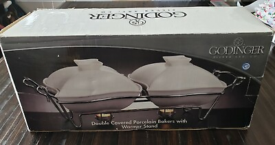 #ad Godinger Silver Art Co Double Covered Porcelain Bakers With Warmer Stand NEW $55.95