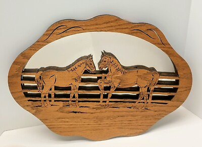 #ad Oak Wood Horses In Pasture Fence Mirror Wall Hanging Country Western Decor Pony $48.00