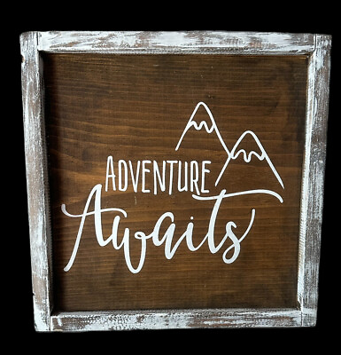 #ad Adventure Awaits Rustic Framed Wood Farmhouse Wall Sign Handmade Mountains Camp $11.99