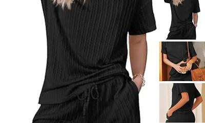 #ad Women#x27;s 2 Piece Lounge Sets Ribbed Knit Matching Outfits T shirt Large Black $43.65