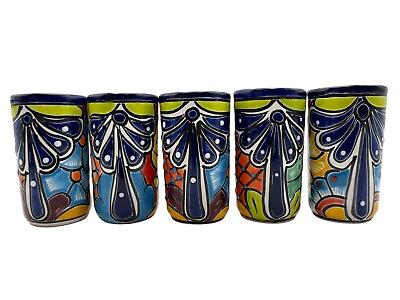 #ad Talavera Tumblers 5pc Cups Mexican Pottery Folk Art Kitchen Decor Multicolor 5.5 $99.00