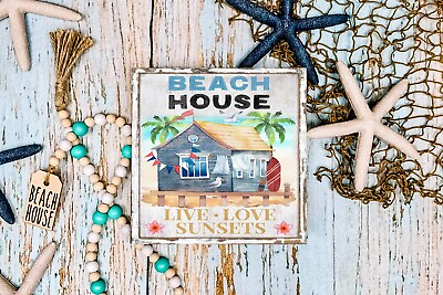 #ad Beach House Live Love Sunset Handmade Wood Mini Small Sign Coastal Decor $12.48
