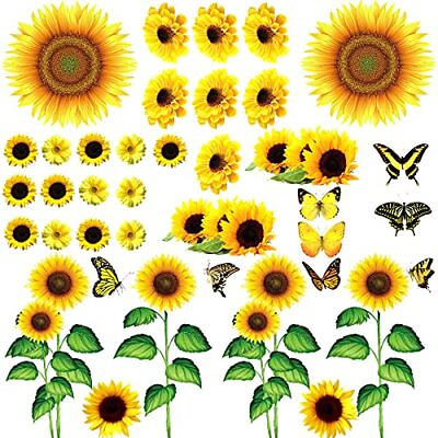 #ad 53 Pcs Sunflower Daisy Wall Decals Butterfly Wall Stickers Waterproof Medium $16.18