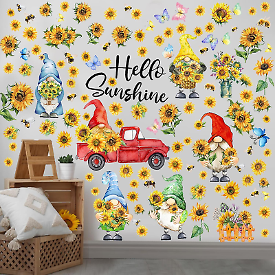 #ad 122 Pieces 6 Sheets Summer Gnome Sunflower Butterfly Wall Stickers Bird Flower $16.87