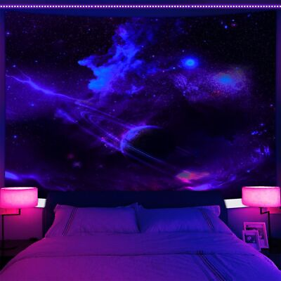 #ad Space Planet Galaxy Large Wall Art Poster Blacklight Tapestry UV Reactive Fabric $14.99
