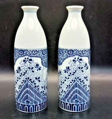 #ad #ad A PAIR OF VINTAGE JAPANESE SAKE BOTTLES 7quot; MARKED BLUE CHARACTER DESIGN c1980 vg $34.90