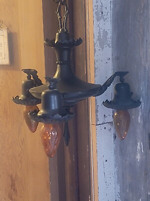 #ad Antique Art Deco 3 Arm 3 Light Brass Pan Chandelier Light Ceiling Fixture $165.00