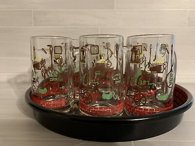 #ad VTG kitchen theme drinking mugs Matching Tray BBQ Picnic Style Bar Mcm $45.00