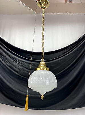 #ad RESTORED Antique Art Deco Glass Pendant Light Ribbed Custard Chandelier 1920 30s $799.99