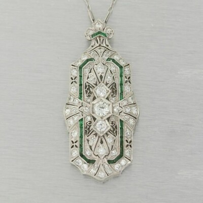 #ad Vintage Art Deco Style Lab Created Diamond amp; Emerald Wedding 925 Silver Pendant $76.30