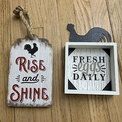 #ad Farmhouse Wood Rustic Signs ❤️ ROOSTER Black And White Eggs Rise And Shine Decor $9.90