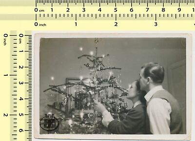 145 1952 Christmas Couple Tree Abstract Decorations Lady Guy vintage orig. photo $28.00