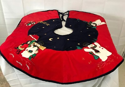 #ad Vintage Tree Skirt Red Velvet snowmen snowman appliqué blue Christmas 20x120 $45.72