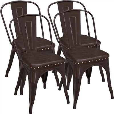 #ad 4 PCS Metal Dining Chairs PU Leather Coffee Chair Stackable Kitchen Chairs Brown $124.99