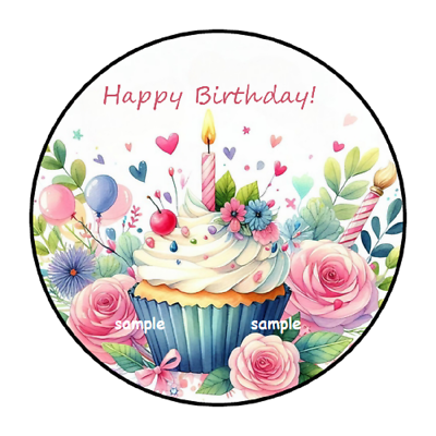 #ad 30 HAPPY BIRTHDAY CUPCAKE ENVELOPE SEALS STICKERS LABELS TAGS 1.5quot; ROUND FLORAL $2.64