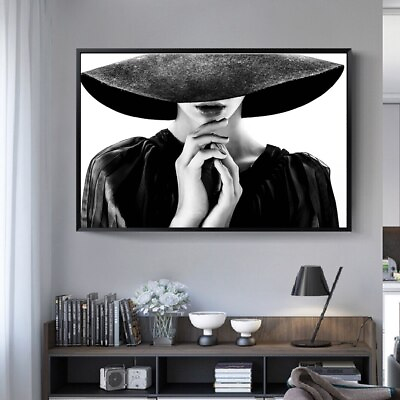 #ad Black and White Fashion Hat Woman Canvas Painting Canvas Wall Art Canvas Poster $16.91