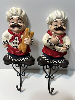 #ad Vintage Set of two Resin Kitchen Decor Chef With Hooks 9quot; Tall VERY NICE $17.47