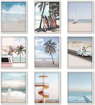 #ad 9 Pieces Beach Wall Art Prints Ocean Beach Décor Nautical Themed Posters Teens $11.67