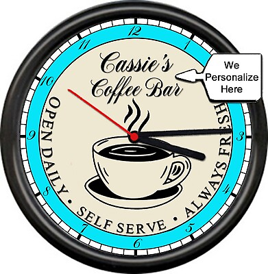 #ad Personalized Name Kitchen Coffee Bar Steaming Cup Teal Gift Sign Wall Clock $26.95