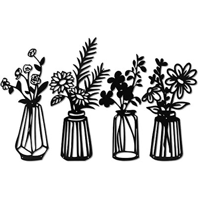 #ad Metal Art Flowers Wall Decor Set of 4 Iron Black Floral with Vases Sculpture ... $31.71