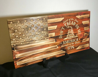 #ad US Rustic Wood Burned Flag Gadsden Dont Tread On Me American Flag Painted Carved $48.00