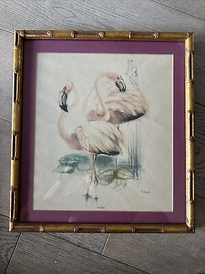 #ad Framed Flamingo Watercolor 16.5” X 14.5” Gold Tone Frame $95.00