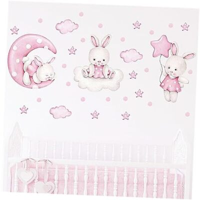#ad Cartoon Pink Cute Rabbit Wall Stickers for Girls Bedroom Moon Stars Clouds $26.91