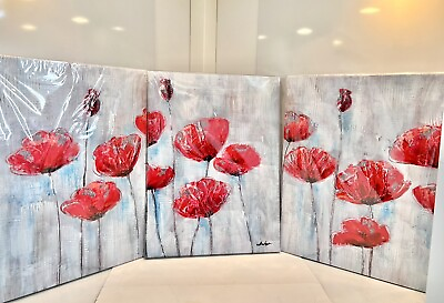 #ad Red and Grey Poppy Floral Wall Decor for Bedroom Living 12x16 x3 panels $27.00
