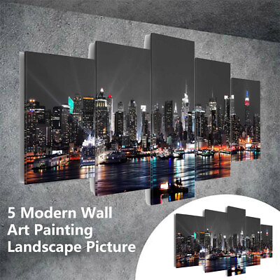 #ad Modern City Night Painting 5 Pieces Canvas Wall Art Poster Print Home Decor Art $11.66