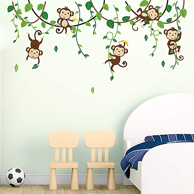 #ad Monkey Climbing Tree Wall Decals Jungle Animals Wall Stickers Kids Room Baby Nur $19.99