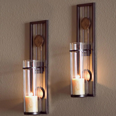 #ad Contemporary Metal Brown Wall Candle Sconces with Antique Patina Medallions Set $52.56