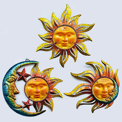 #ad Sun Face Metal Wall Art Decor Outdoor Indoor Sun Moon Star Metal amp; Glass Ha... $32.98