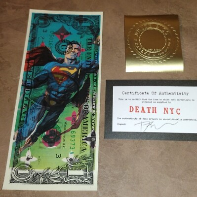 #ad Death NYC ltd ed signed art US currency real DOLLAR bill $1 bank note Superman $79.99