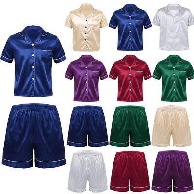 #ad US Mens Short Sleeve Pajama Tops Shorts Sleepwear Silk Satin Home Sleepwear $19.31