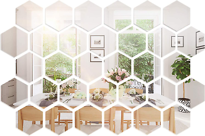 #ad 32 Pcs Hexagon Mirror for Wall Stickers Removable Acrylic Mirror Setting Honeyco $19.58