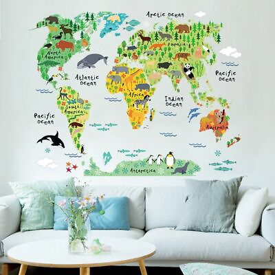 #ad Wall Stickers Animal Cartoon World Map Vinyl For Kids Room Home Decor 3D Decals $19.99