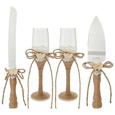 #ad 4 Pcs Set Rustic Style Wedding Cake Knife and Server Set with Champagne Glasses $30.99