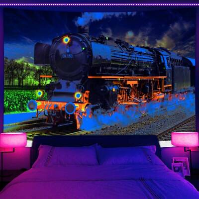 #ad Steam Train Large Wall Art Blacklight Poster UV Reactive Tapestry Wall Hanging $14.99